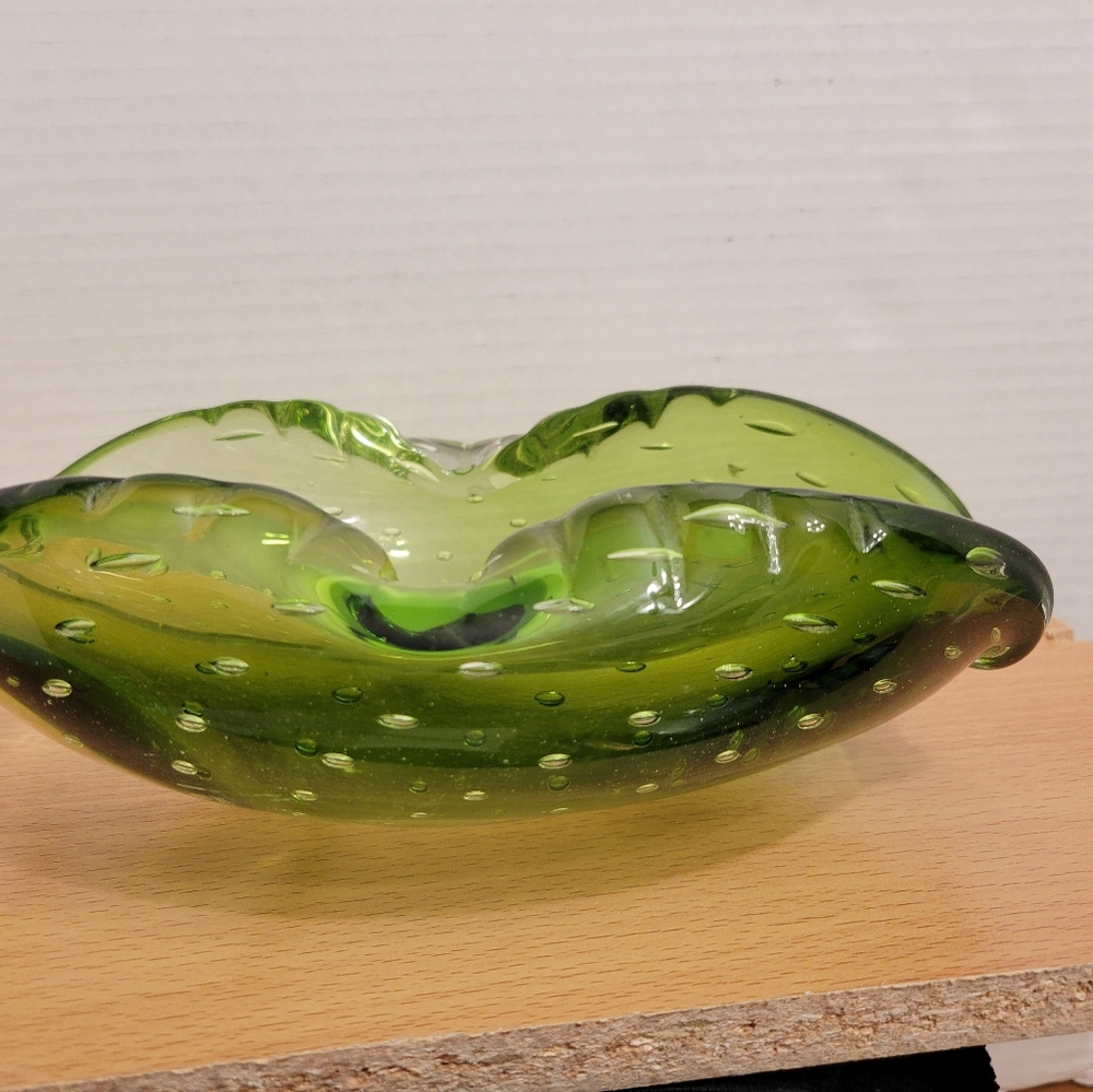 Vintage Murano Alfredo Barbini Bullicante Olive Green Ashtray Swirl Design - Picture 4 of 10